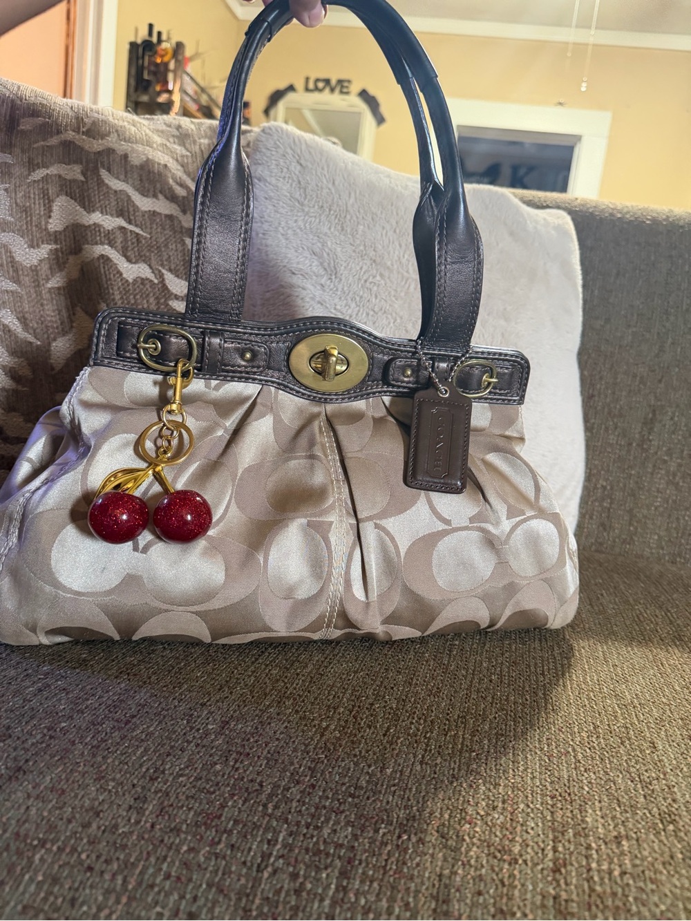Coach Signature Beige and Brown Satchel with Cherries not included